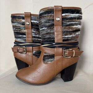 Francesc Brown Boots 7 Mid-calf Coachella with Yarn Fabric Buckle Detail Tan